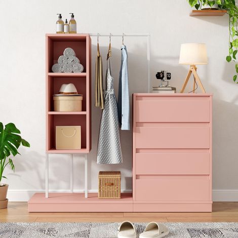 Schubladenschrank, Kleiderschrank-Set, Rosa Kleiderschrank, Sideboard, Kleiderstange, Maße: B140/W40/H135,Rosa