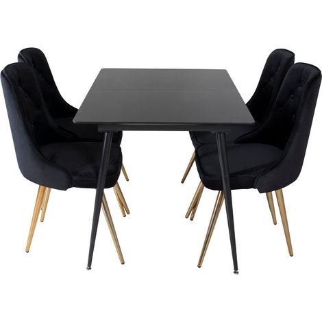SilarBLExt Essgruppe Esstisch Ausziehbarer Tisch Länge cm 120 / 160 schwarz und 4 Velvet Deluxe Esszimmerstühle Velour schwarz, Messing dekor.