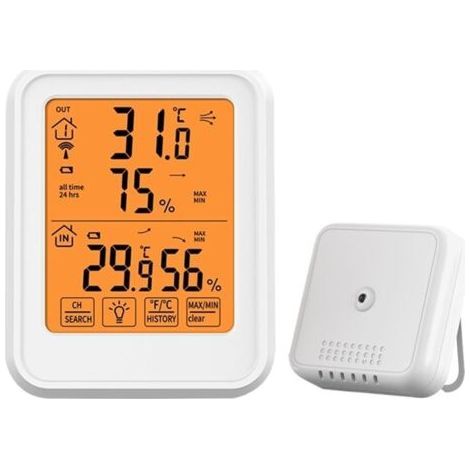 Innen- und Außenthermometer und Hygrometer, digitaler Temperatur- und Luftfeuchtigkeitssensor, hintergrundbeleuchteter Touchscreen (weiß mit 1 Sensor) (1/5)