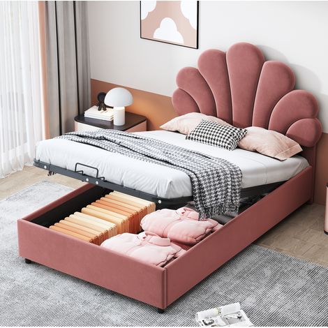 Letto singolo per bambini 90x200 cm in velluto rosa, con contenitore, senza materasso FloraGrace (1/5)