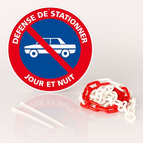 Défense de stationner jour et nuit disque rigide prépercé avec chaine plastique rouge/blanc avec collier de serrage de serrage - panneau rond signalisation Diamètre 300 mm