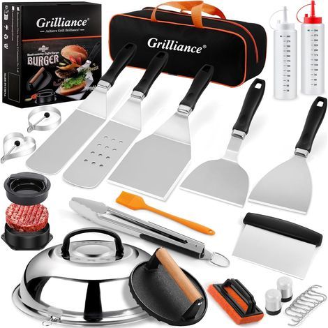 27-teiliges Plancha-Spatel-Zubehör für Herren, Teppanyaki-Grill-Edelstahl-Grillbesteck-Set, Hibachi-Smasher-Burger-Geschenkset mit Hamburgerpresse, Blackstone Kochkuppel - (1/5)