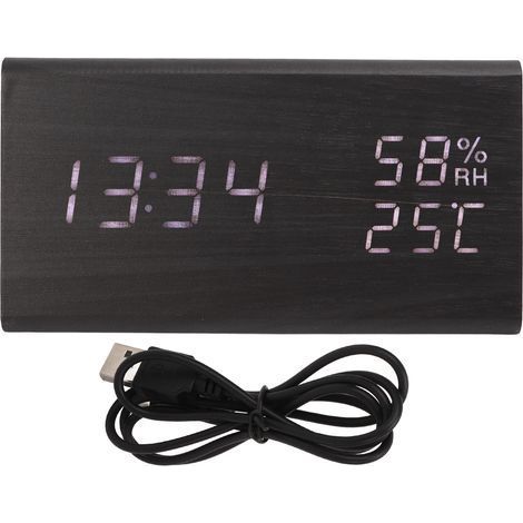 Digital Alarm Clock Regulable Brightness Temperature Humidity Display Black Wood White Light LED Desk Clock for Room (1/4)