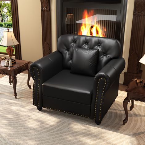 Fauteuil Chesterfield 105 cm, similicuir, coussin d'assise à ressorts, capitonnage à boutons, accoudoirs à lattes, finition cloutée, noir (1/5)