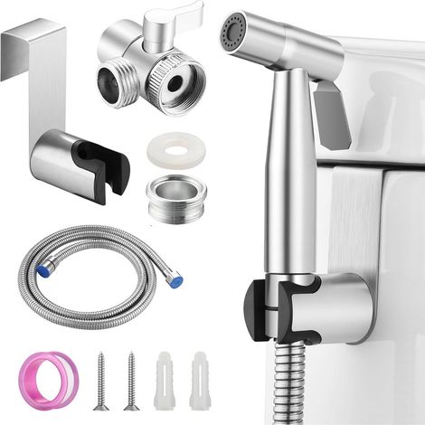 Kit complet pistolet bidet argenté acier inoxydable, tuyau flexible, support mural et vanne, raccord 1/2 pouce norme Europe‑Australie (1/5)