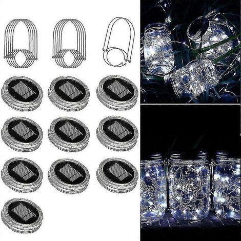 Lot de 10 lampes solaires LED pour couvercles de bocaux Mason avec crochet pour jardin féerique ou terrasse [bocal non inclus]-AquaForge (1/5)