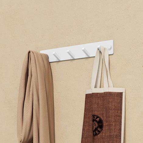 doporro Appendiabiti da Parete in Acciaio Inox con 5 Ganci, Autoadesivo e Senza Forare, Barra Robusta per Giacche, Asciugamani, Bagno e Corridoio, Design Moderno Bianco Opaco (1/5)