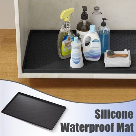 Alfombra para debajo del fregadero – Alfombra impermeable para armario de cocina 86,4 x 55,9 cm – Revestimiento flexible de silicona para debajo del fregadero con agujero de drenaje (negro) (1/5)