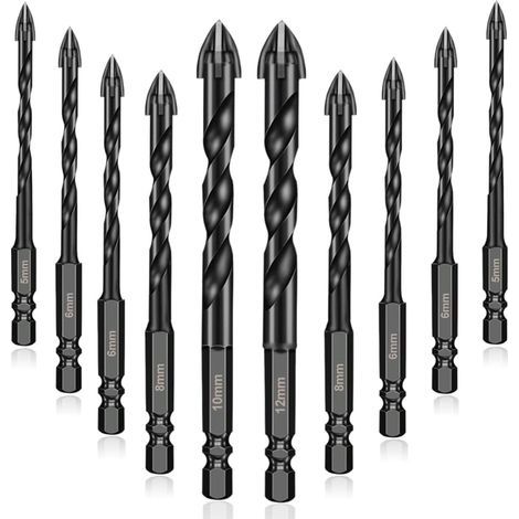 10Pcs Forets à Maçonnerie en Carbure de Tungstène, Forets Pour Carrelage Verre pour porcelaine, carrelage, béton, mur de brique, verre, miroirs, plastique, et bois - 5/5/6/6/6/6/8/8/10/12mm (1/5)