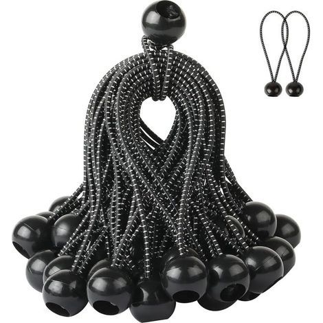 Elastic bungee cords, 50 elastic bungee cords with ball for tarpaulins, tents, shade sails, 250 mm (black with white polka dots) (1/5)