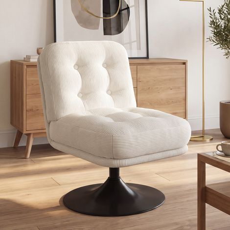 Sillón giratorio ALFRED de pana beige con base de tulipán de metal negro (1/5)