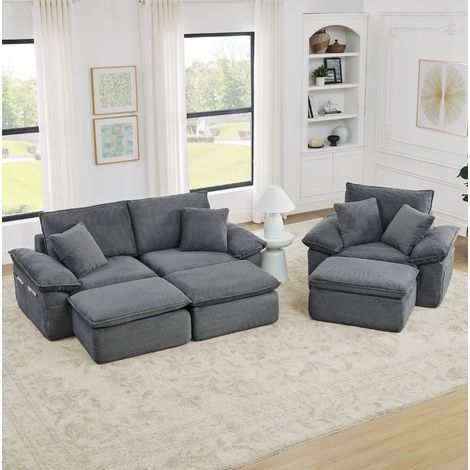 Modulares Cloud-Schlafsofa 2-Sitzer mit Fußhocker und Aufbewahrungstaschen, hellgrau (1/5)