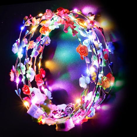 Couronne de fleurs LED JeiibrZui - Serre-tête ajustable avec 3 modes d'éclairage - Accessoire de fête 12 pièces pour femmes et enfants - Idéal pour les festivals, les mariages et les anniversaires (1/5)