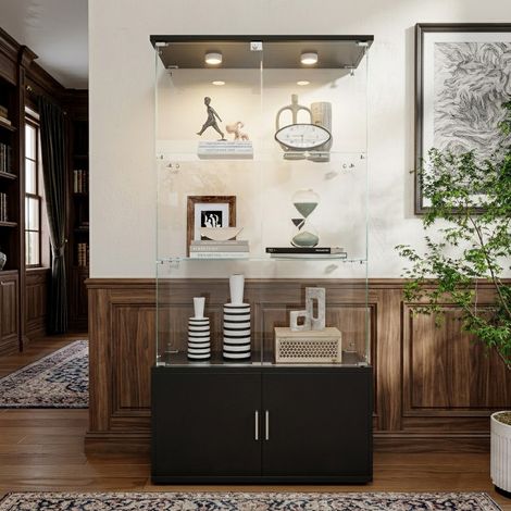 Vitrine en Verre avec Led,Armoire Vitrine Pour Collection avec 4 Porte 3 étagères Transparent,Meuble bas en bois, Meuble Vitrine Verre, Miroir Vitrines De Figurine Armoire, Noir (1/5)