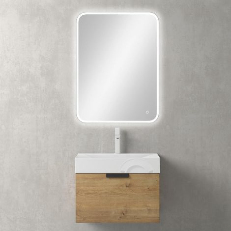 Mai & Mai Mobile Bagno Sospeso 60x46cm, Mobile da Bagno con Cassetto Soft-Close Include Lavabo Bianco 60cm e Specchio LED Seria Lonato, Marrone chiaro (1/5)