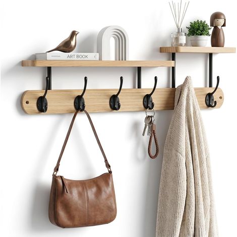 Porte Manteau Mural 59 cm avec Étagère à 2 Niveaux,Patère Murale en Bois avec 6 Crochets Doubles,Porte Clé Mural Moderne pour Entrée,Couloir,Chambre,Salon (Naturelle) (1/5)