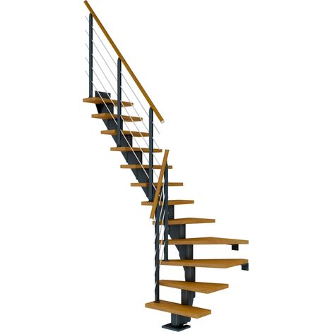 Dolle Mittelholmtreppe Frankfurt 1/4 gewendelt Eiche, geölt 65 cm breit für GH 222 – 258 cm UK Metall Anthrazit mit Geländer