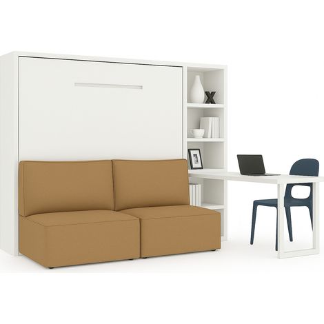 Lit escamotable horizontal LOGIA lit+canapé+étagère+bureau Marron clair-120x200-Canapé Marron clair-Structure Chêne blanc-Version lit+canapé+étagère+bureau (1/5)