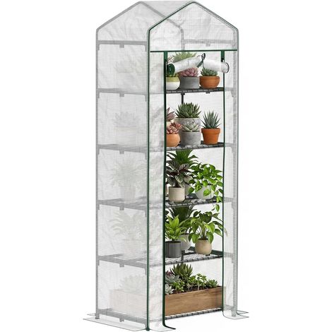 Serre de Jardin PE avec étagères 5 Niveaux, Serre de Balcon, bâche renforcée, châssis en Acier, Porte zippée Enroulable, pour légumes Plantes Fleurs, 69 x 49 x 193 cm, Blanc (1/5)