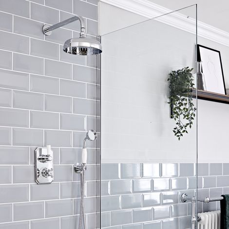 Hudson Reed Elizabeth - Kit de douche rétro - Mitigeur thermostatique à 2 sorties avec inverseur&44 Douchette&44 Pommeau pluie rond de 20 cm - Chromé et Blanc
