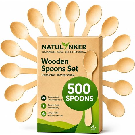 Lot de 500 cuillères jetables en bois - Alternative aux cuillères en plastique, respectueuses de l'environnement, biodégradables - 500 cuillères compostables (1/5)