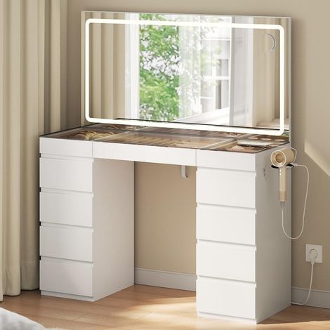 WOLTU Tocador con luz LED, 3 colores, brillo ajustable, espejo HD grande, 11 cajones y joyero, 1 toma de corriente, 2 puertos USB y soporte para secador de pelo, color blanco.
