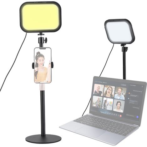 Lot de 2 panneaux lumineux LED de bureau 12 W pour visioconférence (Zoom), éclairage d'appoint 3000K-6500K, éclairage pour photographie, avec trépied réglable et support pour téléphone, alimentation U (1/2)