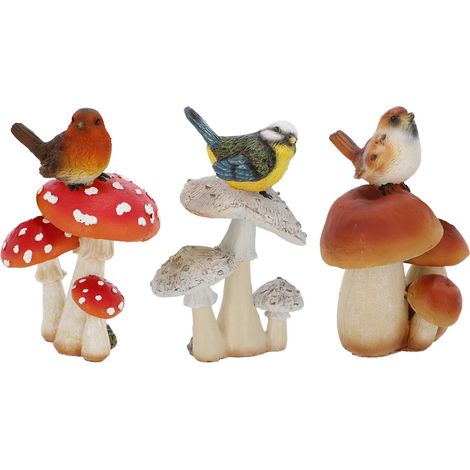 Champignons assortis avec oiseau en polyrésine (Lot de 3) Taille S (1/4)