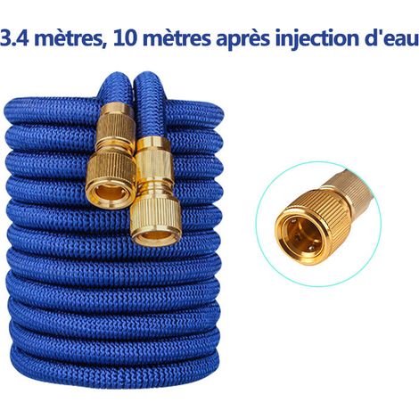 Tuyau D'Arrosage Extensible Jardin Tuyau D'Eau De Lavage De Voiture En Tpe Telescopique 3 Fois Plaque Cuivre 33Ft Bleu (1/5)