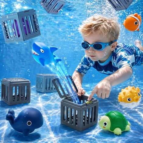 12 Pack Underwater Rescue Toys for Kids, with 6 Diving Cages and 6 Floating Marine Animals, Water Toys for Swimming Training Bathtub, Gift (1/5)