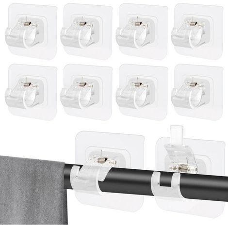 10 Pièces Support Tringle Rideaux Sans Percage,Supports de Tringle Auto Adhésifs Transparent,Support AméLioré Rideaux,Sans Percage Support Crochets pour la Maison, la Salle de Bain (1/5)