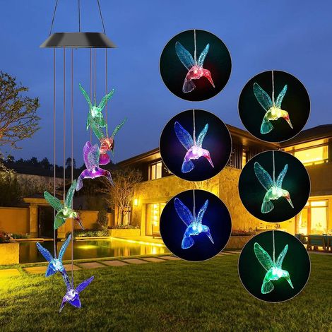 Carillon solaire lumineux oiseau bleu à couleurs changeantes - Lampe solaire LED suspendue étanche pour jardin et maison (1/5)