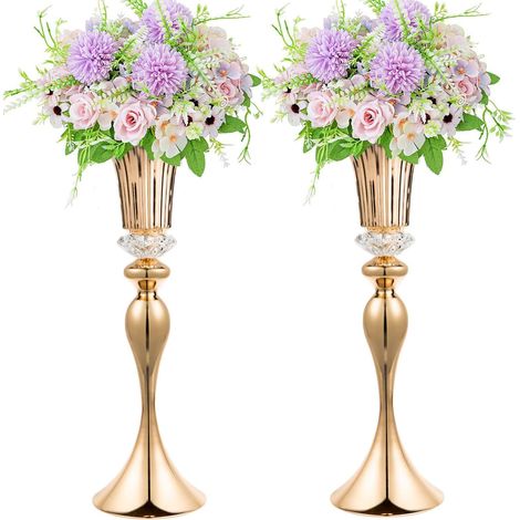 Vases dorés de 55,9 cm pour pièces maîtresses, 2 pièces de vases métalliques hauts en forme de trompette pour réception de mariage, vase en cristal pour fleurs pour décoration de table de mariage (1/5)