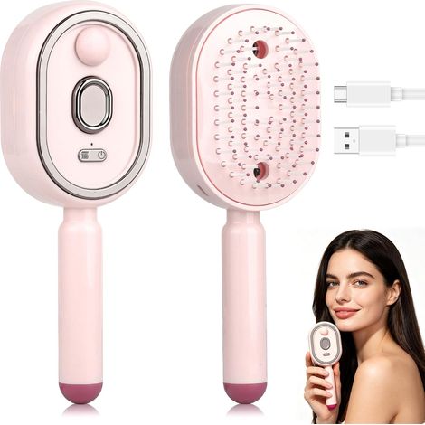 Brosse électrique vapeur 3 en 1 spray nébuleuse rose massage cheveux rechargeable USB-C (1/5)