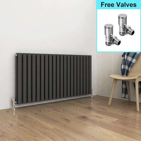 ELEGANT 600 x 1190 mm Anthracite Horizontal Radiator Double Oval Panel Radiators + Angled Radiator Valves (1/5)