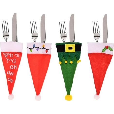 Weihnachtliches Besteckhalter-Set – 8-teilig – Stoff – Rot und Grün – Tischdekoration