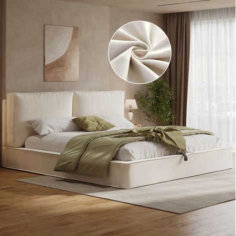 Bett modern 180x200 cm Beige Samt mit gepolstertem Kopfteil, Lattenrost und hydraulischem Stauraum (1/5)