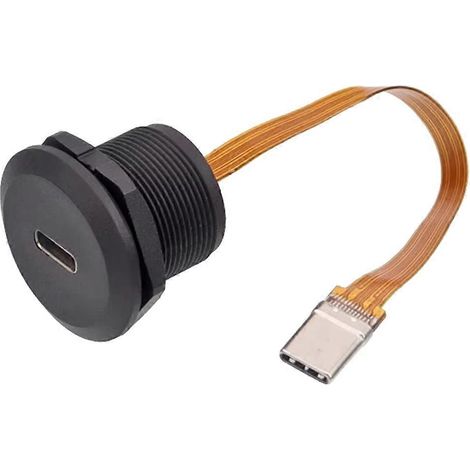Connecteur USB-C 3.1 femelle/mâle rond fileté à montage panneau, câble plat PFC industriel de charge, 20 cm (1/5)