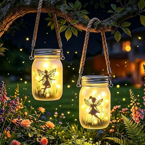 Lot de 2 Lanternes Solaires LED Extérieures Fée, IP65 Étanche Lampe Solaire de Jardin Mason Jar, Lumiere Solaire Exterieur Suspendue pour Patio Terrasse Pelouse Balcon Décoration (Blanc Chaud) (1/5)