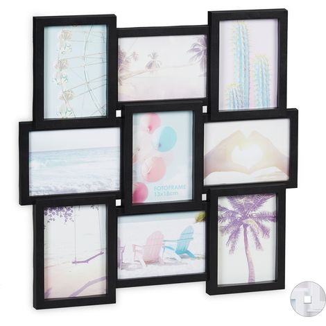 Relaxdays Collage Picture Frame for 9 Photos, Landscape & Portrait Format, Plastic, HxW: 54 x 54 cm, Black
