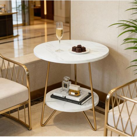 Mesa auxiliar redonda 47x47x55 cm blanca y dorada en mármol sintético y metal de 2 niveles (1/5)