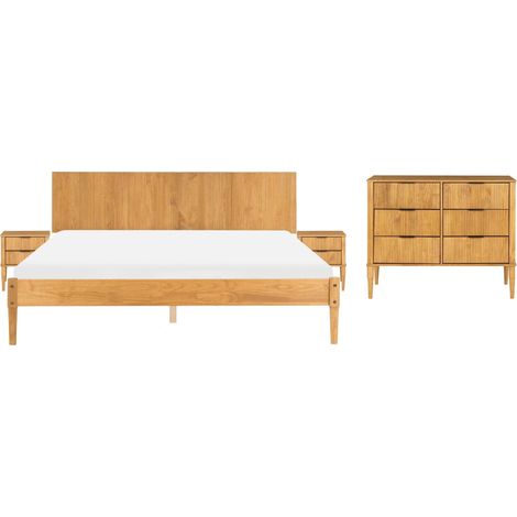 Set da camera da letto in legno di pino letto matrimoniale con 2 comodini e cassettiera a 6 cassetti 180 x 200 cm marrone chiaro Ambazac (1/5)