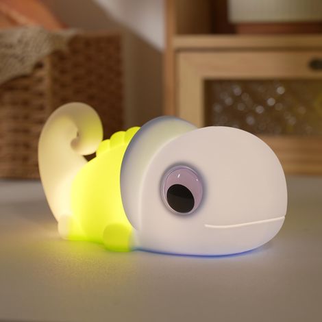 Veilleuse Bébé Forme Caméléon, RVB Lampe Enfant Rechargeable avec 4 sons de nature (eau, grenouilles, oiseaux, bruit blanc), 3 Niveaux Luminosité, Lumière Douce Silicone pour Chambre d'Enfant (1/5)