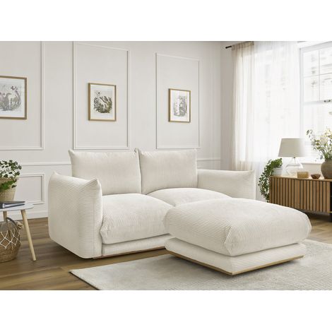 BOBOCHIC - Canapé droit fixe 2 places ERNEST tissu velours côtelé avec pouf   Beige (1/5)