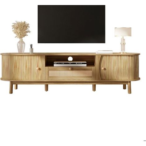 Meuble TV 165 x 37 x 46 cm portes coulissantes et tiroirs finition rotin bois massif (1/5)