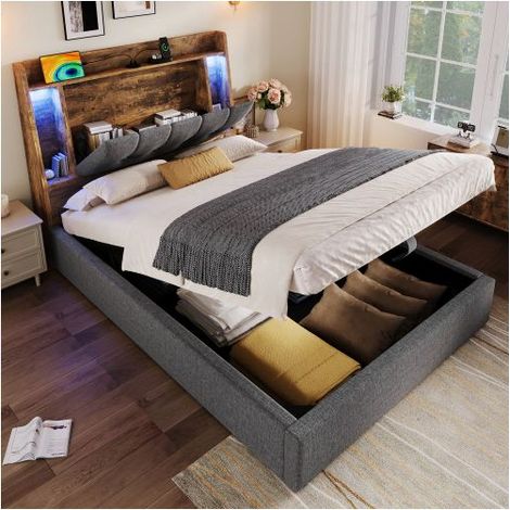 Lit Coffre - SOGEU - 90x200 cm - Tête de lit rangement - LED multicolore - Ports USB/Type-C (1/5)