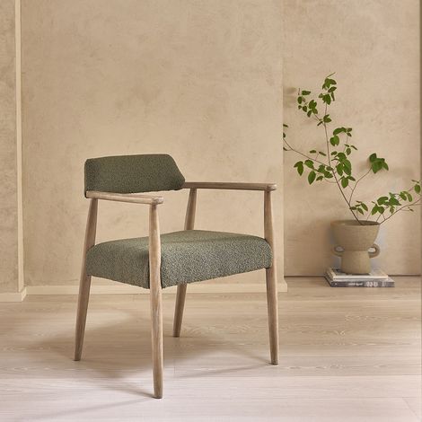 Chaise en chêne et tissu bouclette kaki (1/5)