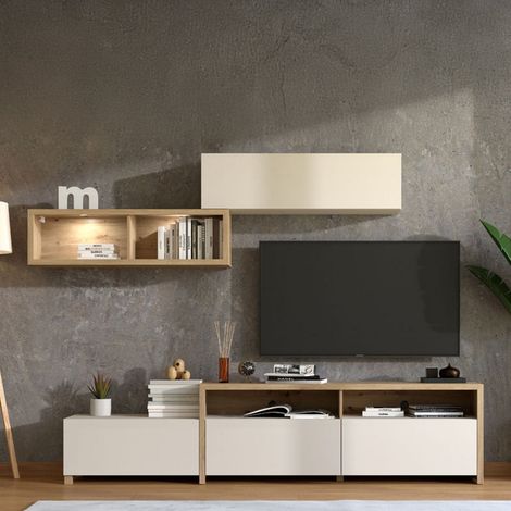 Wohnwand Tiana, Wohnzimmermöbel, 6 Regalböden, Modular, 9 Fächer, 237,5x41,5x160,5h cm Cremeweiß (1/5)