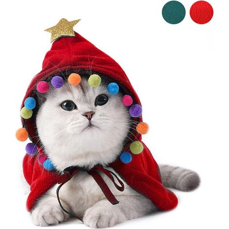Ensemble de déguisement de Noël pour chat : cape en flanelle à étoiles et pompons, bonnet en forme de sapin, costume de fête et cosplay (1/5)