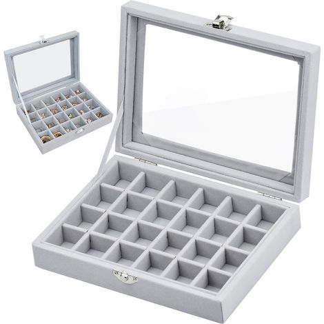 Schmuckkästchen mit 24 Fächern, Schmucktruhe, Vitrine mit Glasdeckel für Ringe, Uhren, Halsketten, Ohrringe, Geschenkidee (1/5)